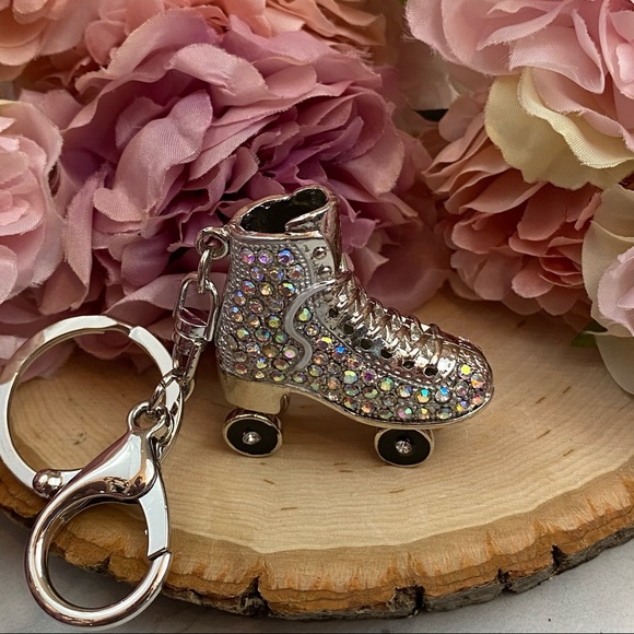 Silver Iridescent Crystal Roller Skate Keychain Charm - Picture 10 of 15